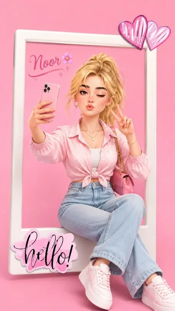 A cute blonde girl with a messy high ponytail, wearing a pastel morning outfit, smiles brightly while taking a selfie with a peace sign, framed by a white rectangle against a soft