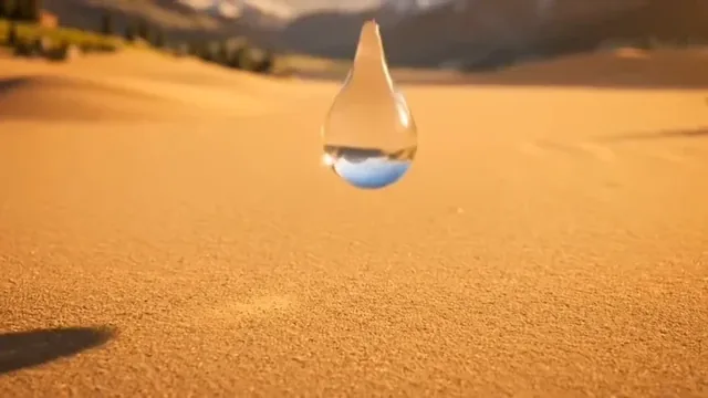 A single water droplet hitting desert sand, causing a miniature Swiss alpine village to rise from the dunes.