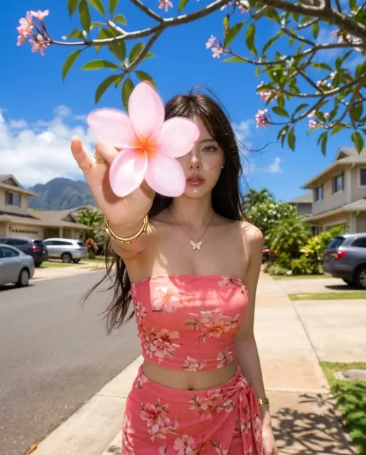 A woman's face partially obscured by a large pink plumeria flower, captured with extreme motion blur and soft focus.