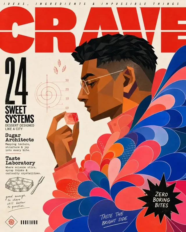 Magazine cover with a left-facing, faceted profile portrait, a cascading petal design on the right, bold red masthead partially obscured by the head, and text elements on oat-colored paper.