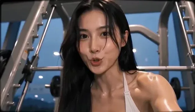 AI-generated image of a person holding a vintage camera, appearing to record a fitness video, with text indicating a humorous take on a workout.