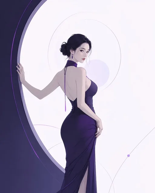 A minimalist illustration of an East Asian woman in a flowing dress, standing by a moon gate and looking back over her shoulder.