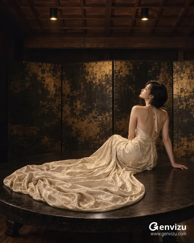 An East Asian woman with short black hair wearing an ivory silk gown, sitting gracefully on a large dark wooden stage in a moody, warm-lit studio.