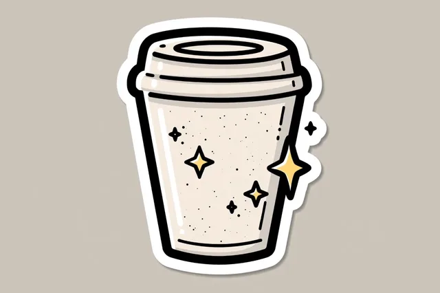Die-cut sticker icon with bold black linework, cream fill, and vintage cafe branding style, featuring small sparkle and star accents and a white border.