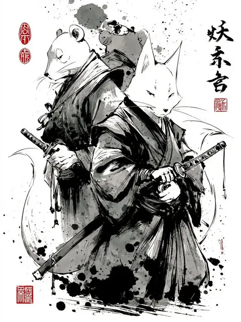Masterpiece Japanese sumi-e ink wash illustration of an anthropomorphic white fox samurai and a rat samurai standing back-to-back with katanas, on a minimalist rice-paper background with ink splashes.
