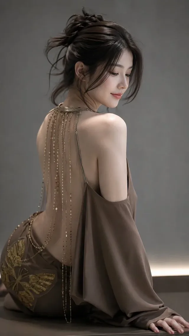 A sophisticated East Asian woman in a mocha-grey satin backless evening gown with intricate gold chain detailing and embroidery, her hair in a loose updo, looking over her shoulder.