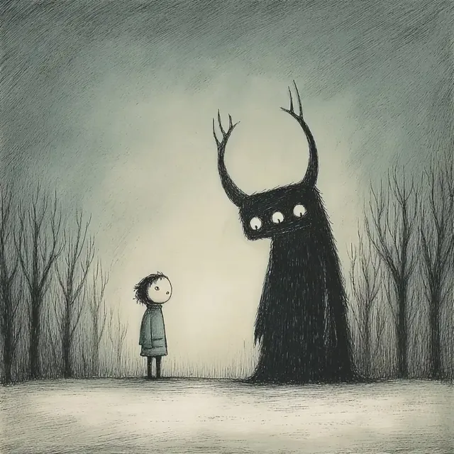 A child stands facing a large, dark, horned creature in a barren, misty forest.
