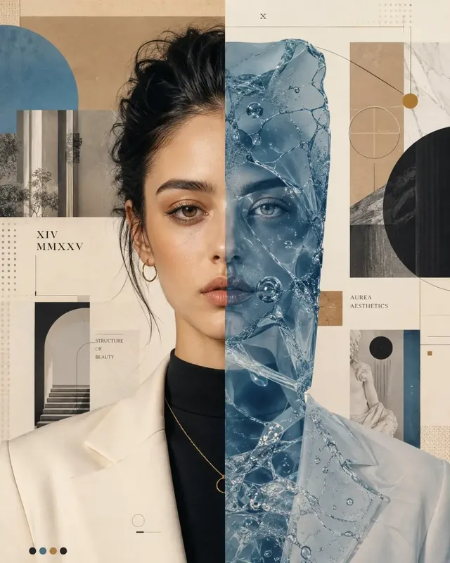 A hyper-realistic surreal editorial portrait of a young woman with a translucent smoky blue crystal structure replacing a section of her face, set against a geometric graphic art poster background.