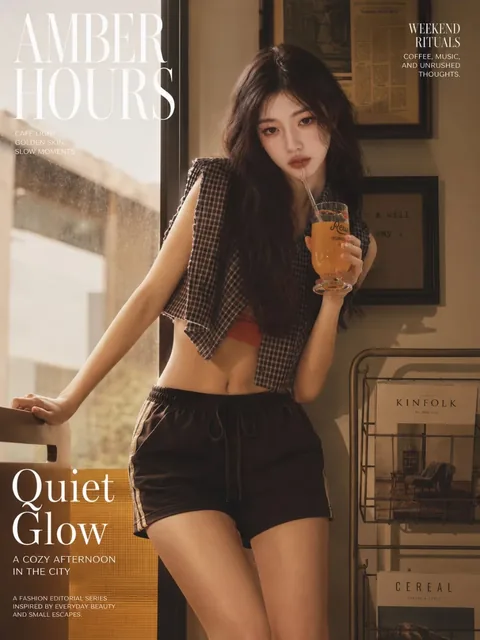 Young Asian woman with messy long hair, looking slightly lost and relaxed, sitting by a window in a warm, dimly lit cafe, styled like a high-end magazine cover.
