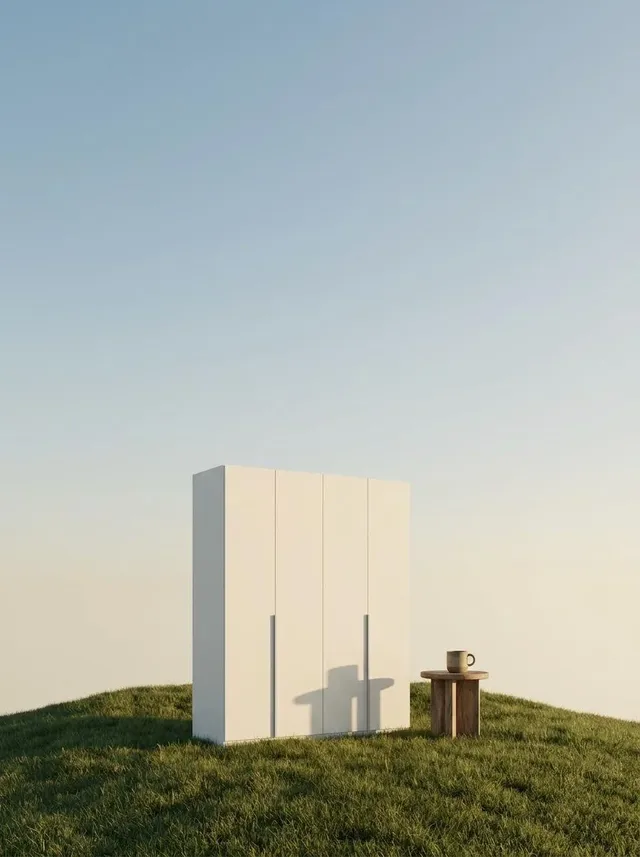 A product is positioned low on a small green grassy hill, with a vast, empty pale blue and cream sky dominating the composition. Soft golden hour light illuminates the scene, with a small wooden table and coffee cup nearby.
