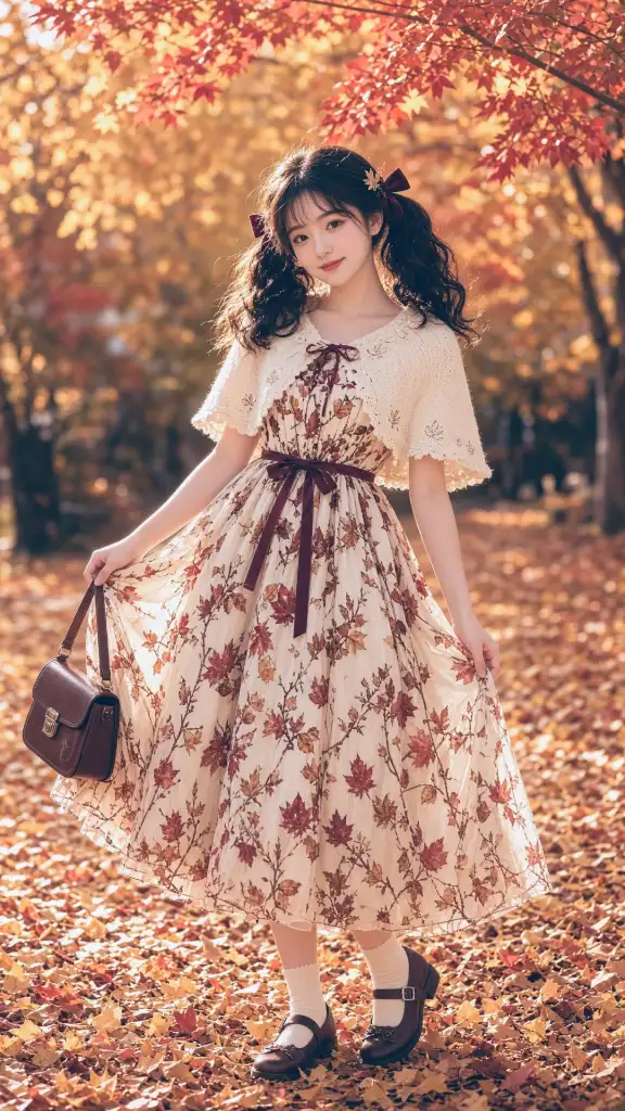A young East Asian woman in a cream-colored retro mori-style dress posing in a golden autumn maple forest with soft backlighting.