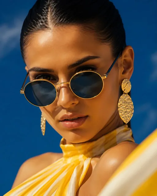 Woman in a flowing yellow and white striped maxi dress in a desert, with fabric billowing in the wind.