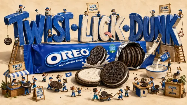 Giant hand-painted 3D letters forming a playground for tiny characters, with a food product package at the bottom.