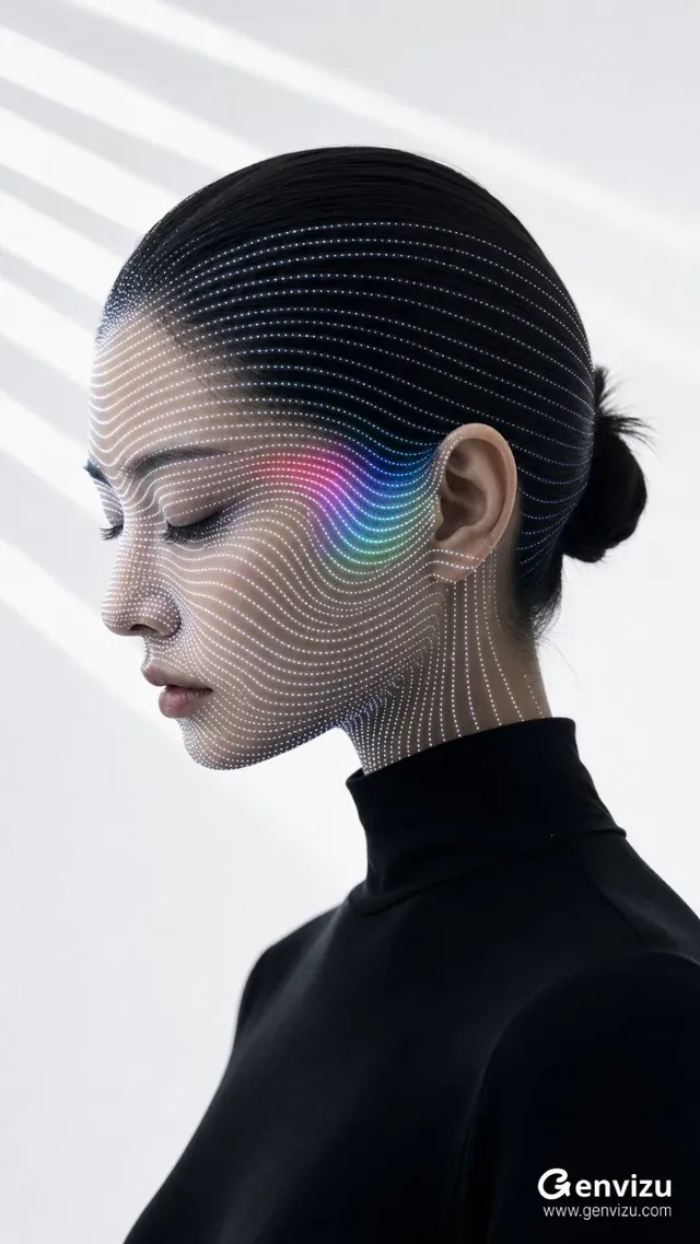 A minimalist, futuristic portrait of a young woman with her eyes closed, featuring intricate, glowing white and colored micro-dot lines projected onto her face and hair. She wears a black turtleneck against a white background.