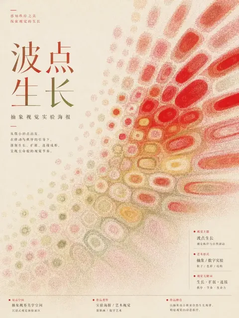 A set of Chinese posters featuring abstract elements like particles, ripples, and flowing lines, with a minimalist aesthetic and low-saturation warm colors.