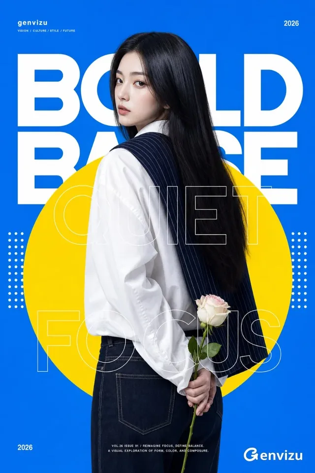 A young East Asian woman in a white shirt stands against a bright blue background with a large yellow circle. White text and dots form a graphic design. She holds a rose behind her back.