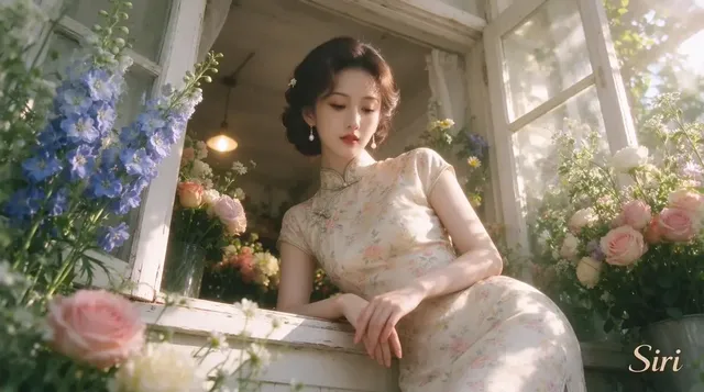 A graceful Chinese woman wearing a floral cheongsam and pearl earrings leans on a wooden window sill inside a flower shop, illuminated by warm golden afternoon light.
