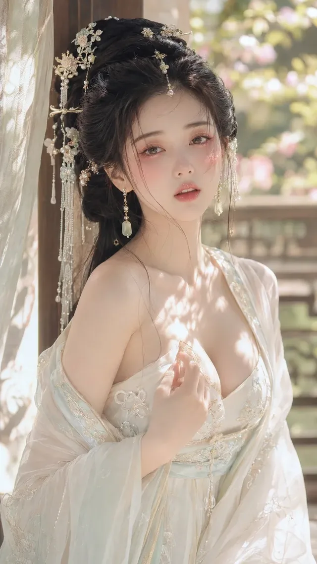 Ancient Chinese woman with dewy makeup, soft colors, and a shy expression, looking as if she's about to speak.