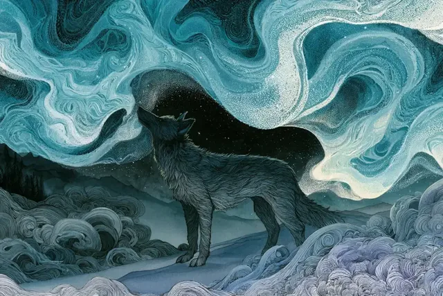 A dreamlike landscape with swirling patterns and ethereal colors, created with expressive ink lines and stippling.