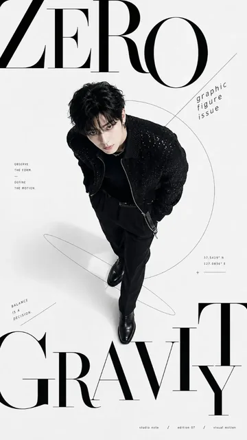 Fashion magazine cover with a large serif letter and a model interacting with it, minimalist design.