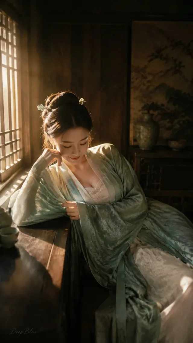 Realistic iPhone photograph of a full-figured East Asian woman with natural makeup and hair, wearing a green Song-dynasty褙子, resting on a dark wooden couch in a sunlit wooden room. She has a gentle smile and her hand lightly touches her face.