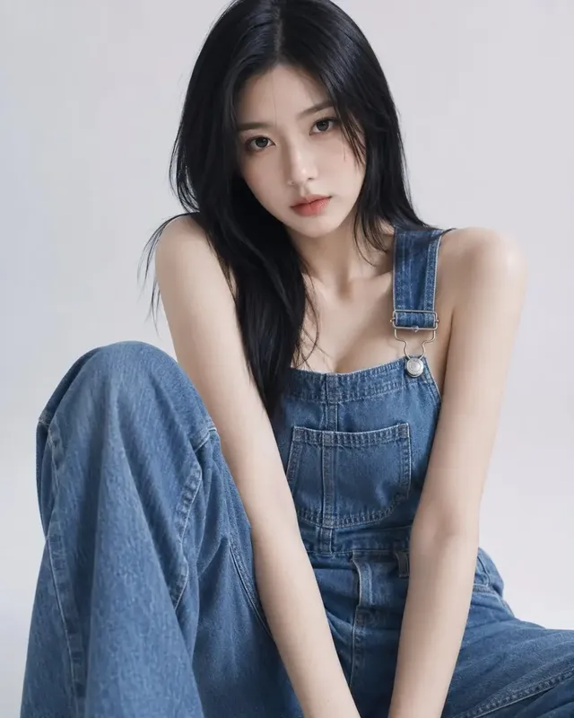 A serene young East Asian woman with long black hair, wearing denim overalls, sits against a seamless light grey background, looking directly at the camera with a subtle, thoughtful expression.
