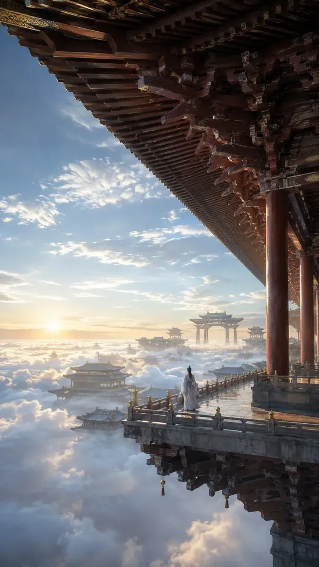 A vast, awe-inspiring celestial palace with colossal architecture, immense scale, and serene, ethereal landscapes. Tiny figures are dwarfed by the monumental structures, emphasizing the grandiosity of the divine realm.