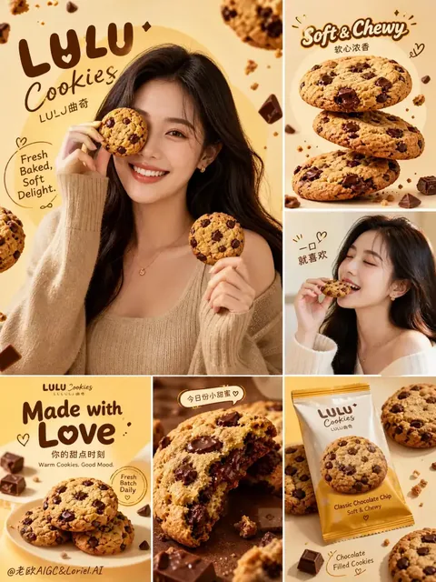 A premium social media collage for LULU Cookies, featuring a smiling woman and close-ups of delicious, soft-baked cookies, in a warm, inviting color palette.
