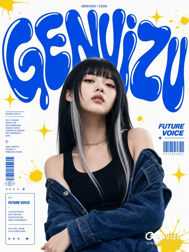 Vertical Y2K pop music poster with a young East Asian woman, cobalt blue liquid typography 'GENVIZU', yellow paint splatters, and stars.