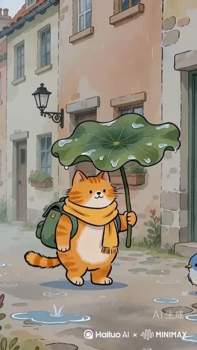 2D hand-drawn animation of an orange cat with a yellow scarf and green backpack in a watercolor town, helping a small blue bird during a rain shower.