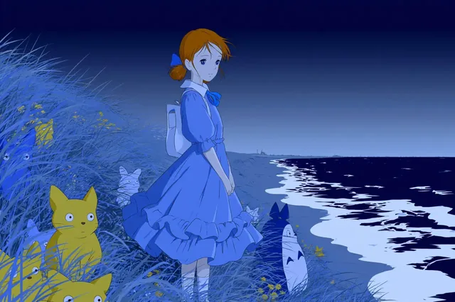 A young girl in a blue dress stands by a grassy shore with Totoro-like creatures, looking out at the sea.