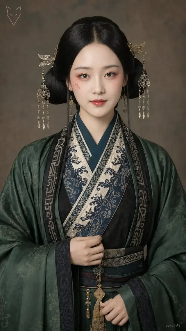 Formal portrait of a Han Dynasty noblewoman facing the camera, with detailed traditional makeup, hairstyle, and layered green robes. Her hands are gently adjusting her sash, and she has a subtle smile.