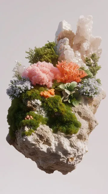 A photorealistic 3D render of a rugged limestone rock floating in mid-air, covered in green moss, pale pink and orange corals, lichen, translucent quartz crystals, and light blue wildflowers, set against a clean white background with soft, warm natural lighting.