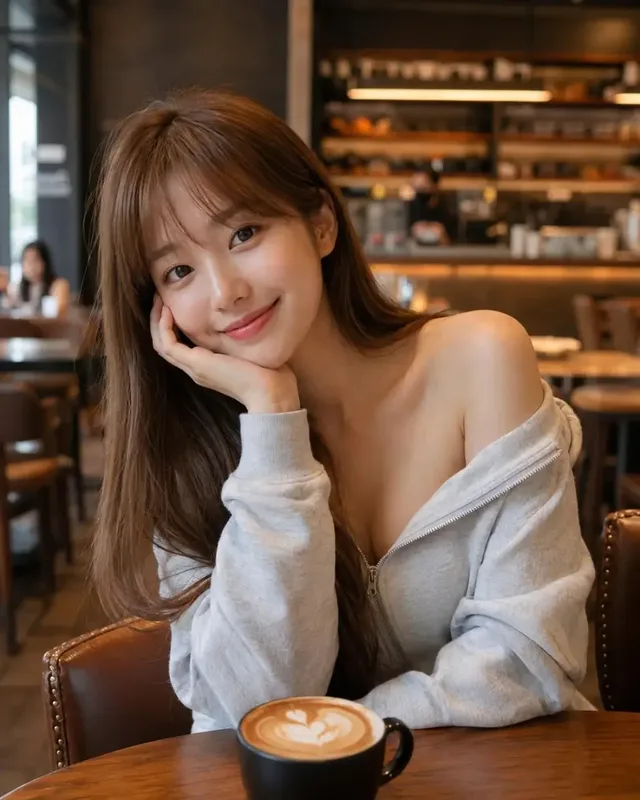 Medium shot, photorealistic image of a young East Asian woman in her twenties with long light brown hair, smiling softly with her chin resting on her hand, wearing a grey hooded cardigan, sitting at a wooden table in a cozy cafe with a latte art coffee in the foreground and bokeh background.