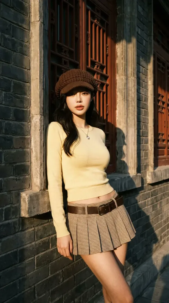 Ultra-realistic fashion editorial of a young East Asian woman with long black hair, wearing a newsboy cap, pastel yellow knit top, and houndstooth mini skirt, posing in a traditional Chinese courtyard during golden hour.