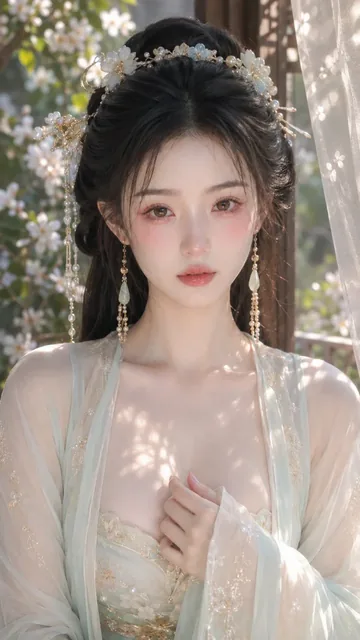 A portrait showcasing an ethereal makeup style with soft blush, glossy lips, and subtle pearl and pastel accents, evoking a delicate and refined look.