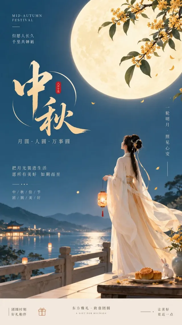 A woman in traditional Chinese clothing stands on a platform at night, holding a small lantern and looking up at a large, bright full moon. The scene is minimalist with ample negative space.