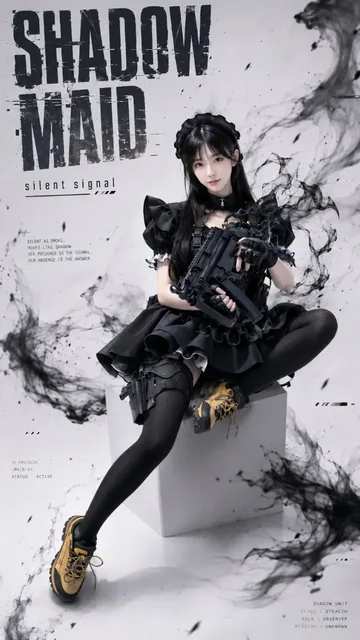 Full body shot of a calm, stylish Asian woman in a black gothic maid outfit with tactical gear, holding a futuristic gun amidst swirling black smoke and particles, with bold text overlays.