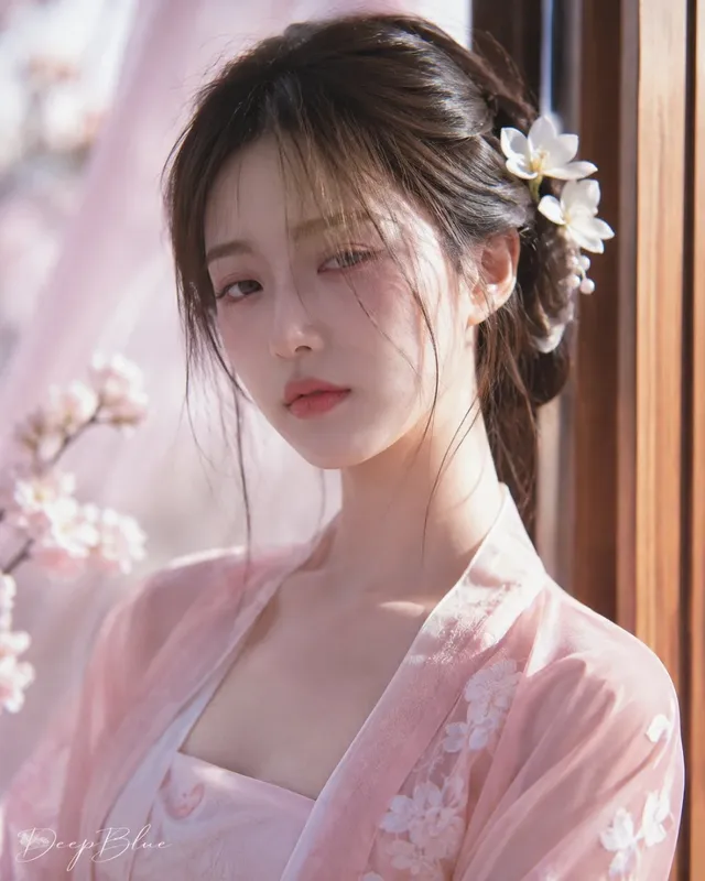 Hyperrealistic close-up portrait of a young Eastern woman with a melancholic expression, wearing a pink ancient Chinese dress and a white magnolia hairpin, bathed in soft, dreamy pink light.