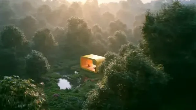 A yellow, capsule-shaped glass house nestled in a lush, misty forest garden, with a pond reflecting its warm interior glow. A person is visible inside and outside the house.