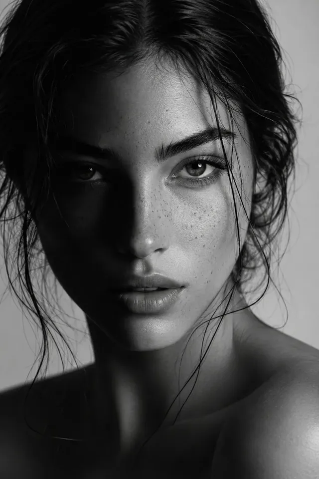Hyper-realistic black-and-white close-up beauty portrait of a young woman with freckles, messy updo, and intense gaze, illuminated by dramatic split lighting.