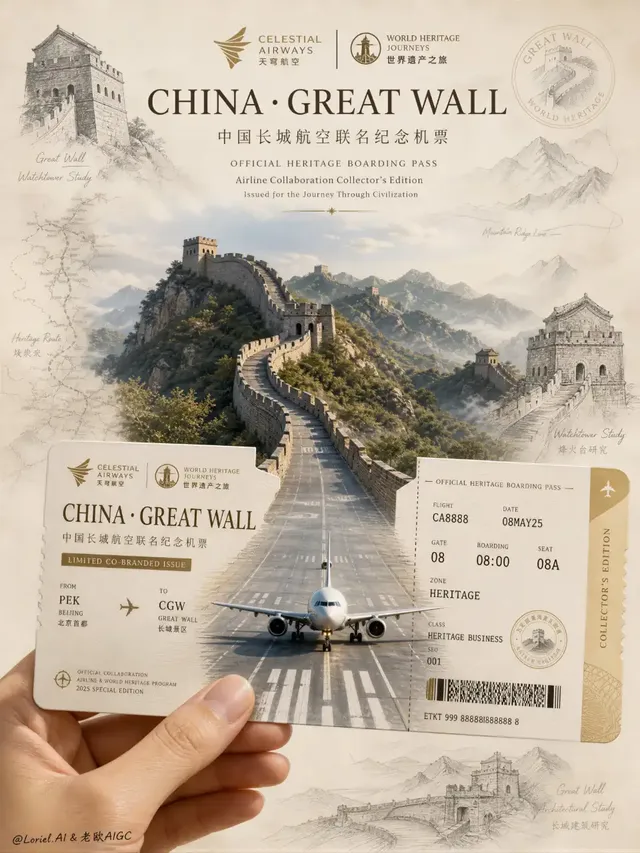 A premium, co-branded airline boarding pass poster held by a hand, featuring a hyper-realistic Great Wall, an airport runway, and a modern aircraft, surrounded by delicate pencil sketches on archival paper.