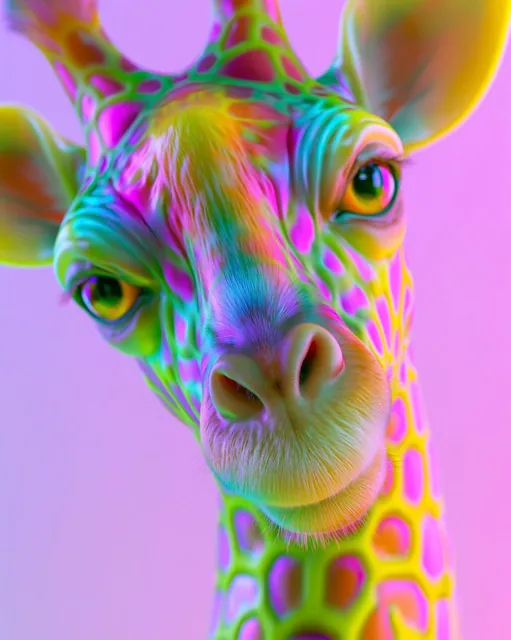 A centered, highly detailed portrait of an adorable giraffe with large expressive eyes and visible fur texture, against a solid hot pink background with soft studio lighting.