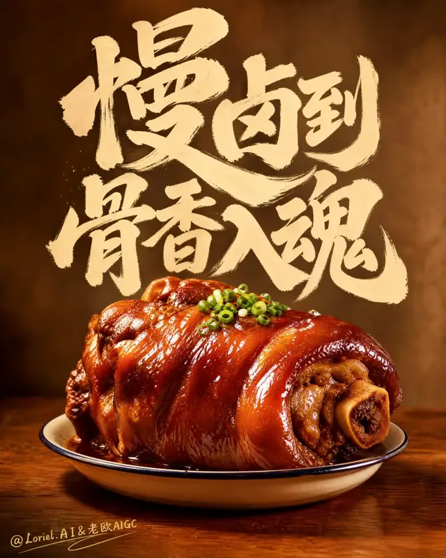 A premium advertising poster with large, bold hand-painted Chinese characters at the top, and a single, glossy braised pork knuckle centered on a small dish below, set against a warm, blurred background.