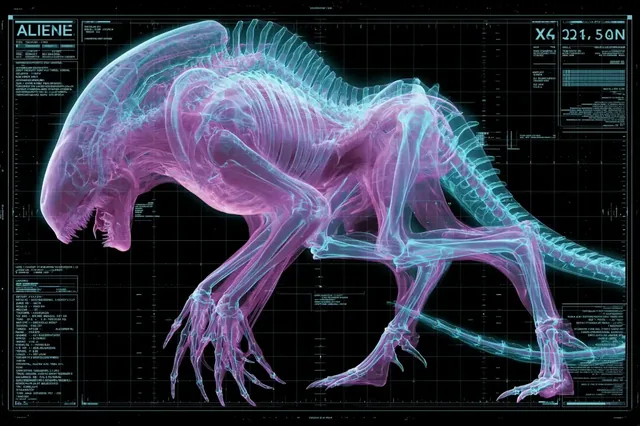 X-ray scan of a subject, showing glowing cyan and magenta bones and internal structures against a black background with scientific overlay graphics.