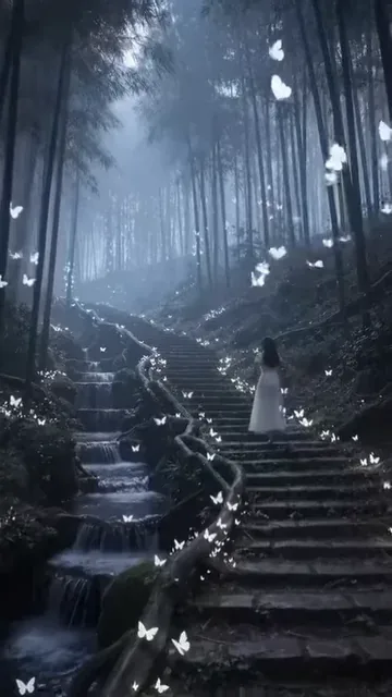 Cinematic fantasy scene of a winding bamboo staircase in a dense forest at night, with a stream, glowing butterflies, and moonlight.
