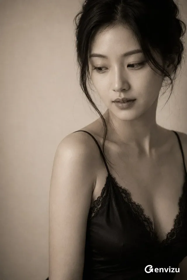 A vertical, warm monochrome film portrait of an East Asian woman in a three-quarter pose. Her gaze is downcast, hair is in a loose updo, and she wears a black satin camisole. The background is dark with soft focus.