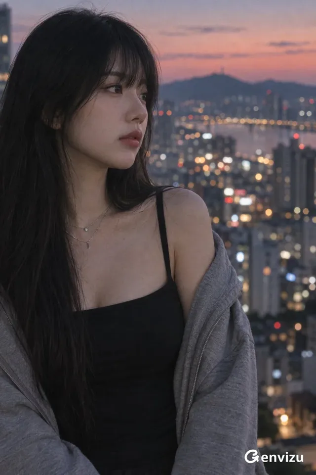 A young East Asian woman with long dark hair and bangs looks reflectively to the right, overlooking a defocused city at dusk. She wears a black top and a grey hoodie.