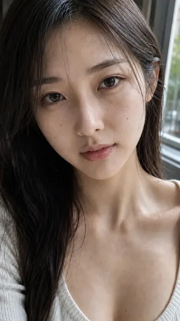 Close-up portrait of a young Eastern woman with natural features, soft window light highlighting skin texture, wearing a cream knit top.