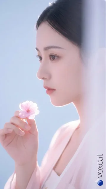A half-body close-up portrait of an elegant ancient Chinese woman in profile, holding a pink cherry blossom, with soft backlighting and a dreamy atmosphere.